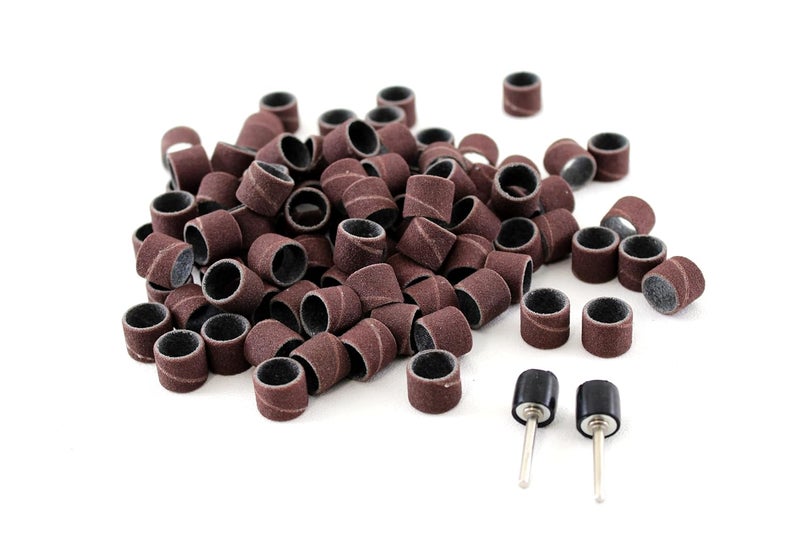 T-MAX 100 pc 1/2 Inch Sand Drum Grit 120 Medium with 2 pc 1/8 Inch Mandrel for Dremel Rotary Tools - Image 1